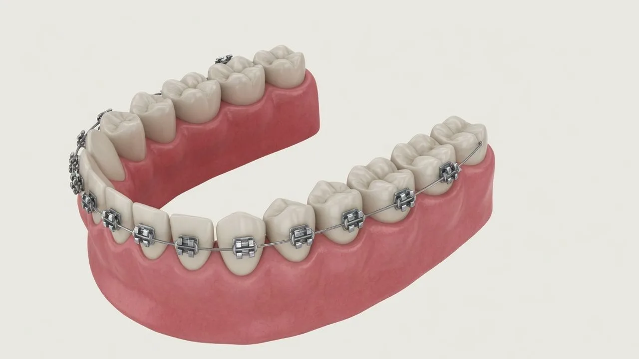 A complete lower dental arch with gum and a continuous bracket-and-wire appliance.