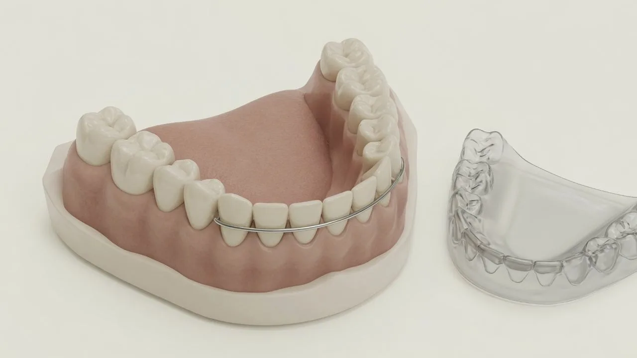 A thin wire bonded behind lower front teeth beside a separate clear retainer tray on an arch.