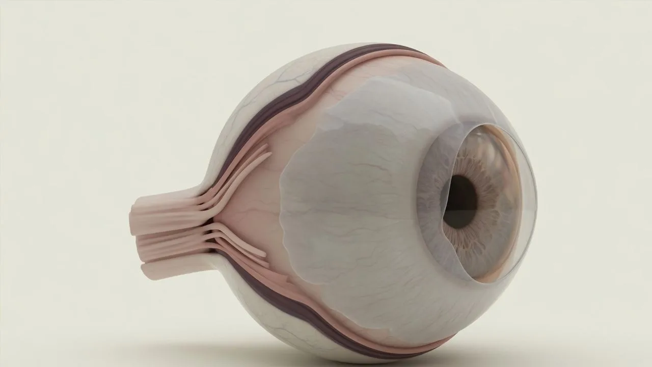 A complete eyeball from the side with an incomplete outer film growing across the cornea.