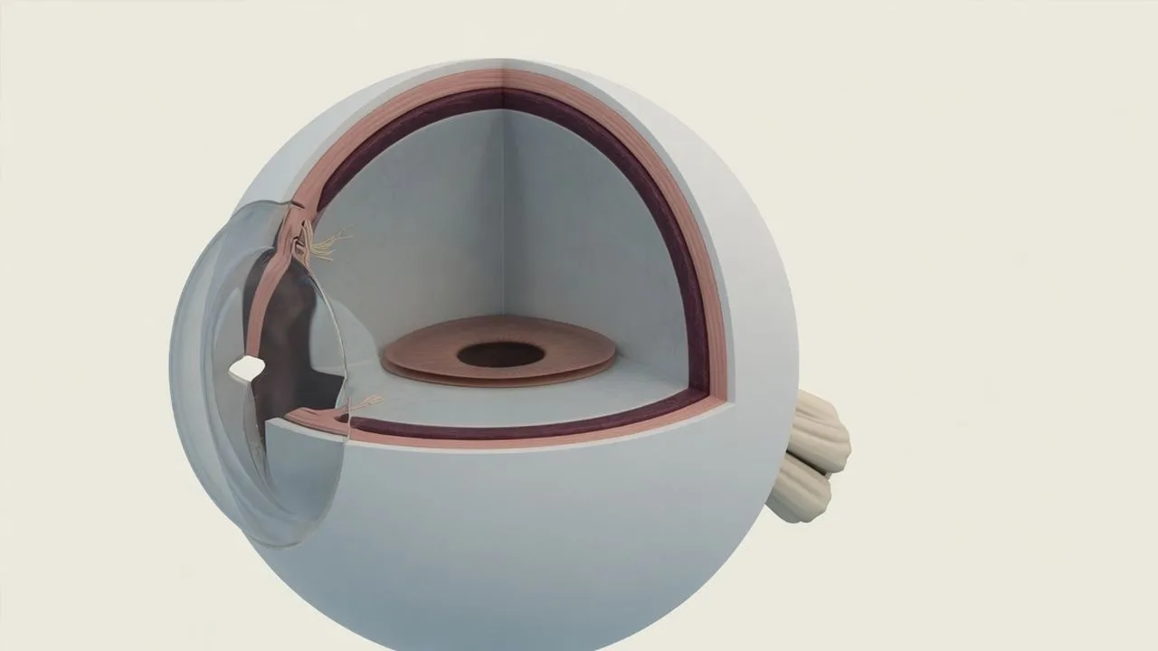 A complete eyeball from the side with a continuous outer cornea and a closed inner pocket.