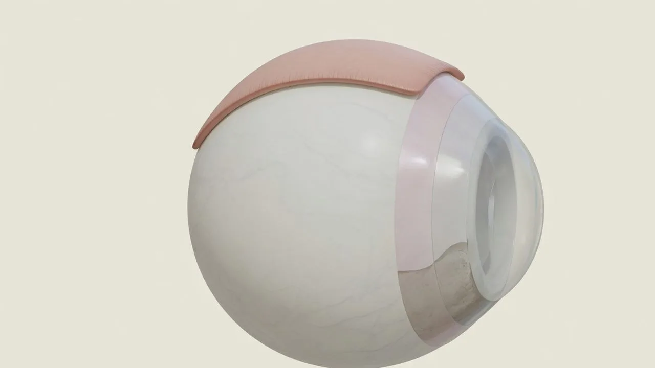 A complete eyeball from the side with three coats on the cornea and a dry patch where the outer coat breaks.