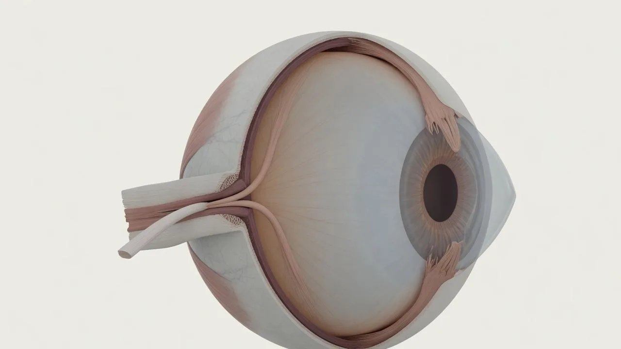 A complete eyeball from the side with a thinned cornea bulging into a forward cone.