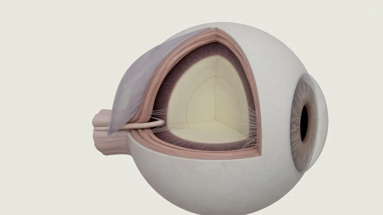 A complete eyeball from the side with a wedge at the front showing a thin hinged sheet under the cornea.