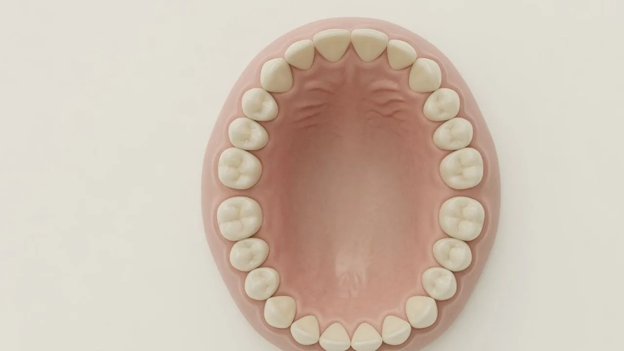 A stylised dental arch with four highlighted teeth at the back corners.