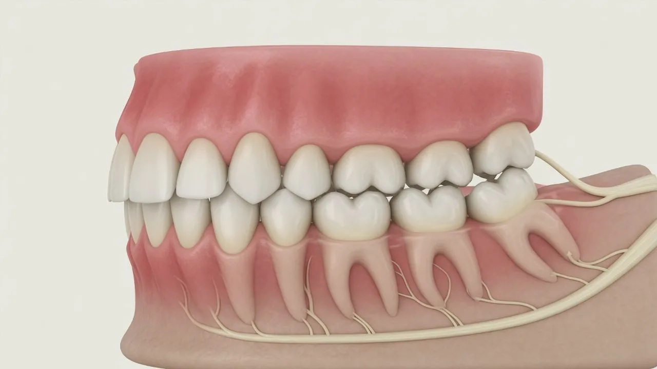 A stylised film panel showing back teeth and a green path running close to the last tooth.