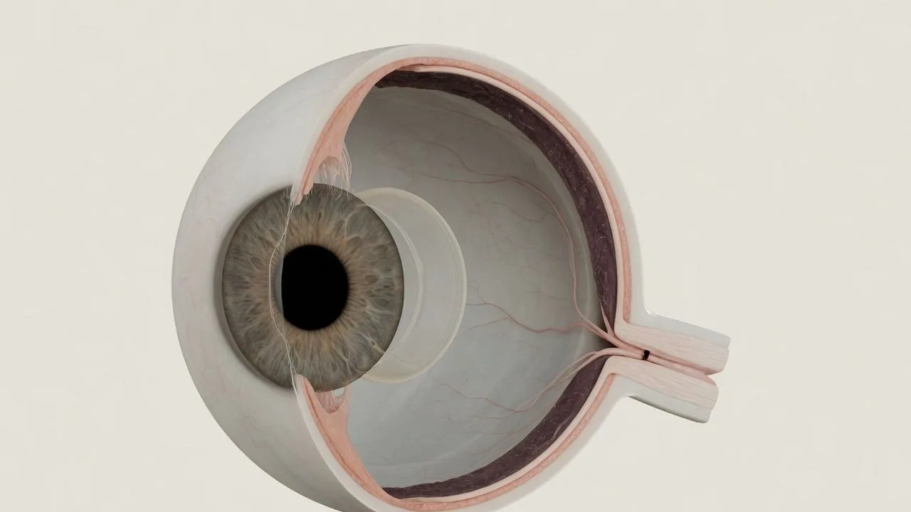Three cataract surgery steps: cloudy lens, lens removal and intraocular lens implant.