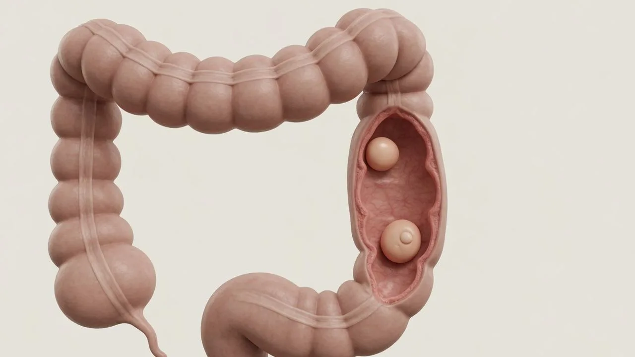 Two large-bowel outlines side by side, one with inner dots and one a clear hollow.