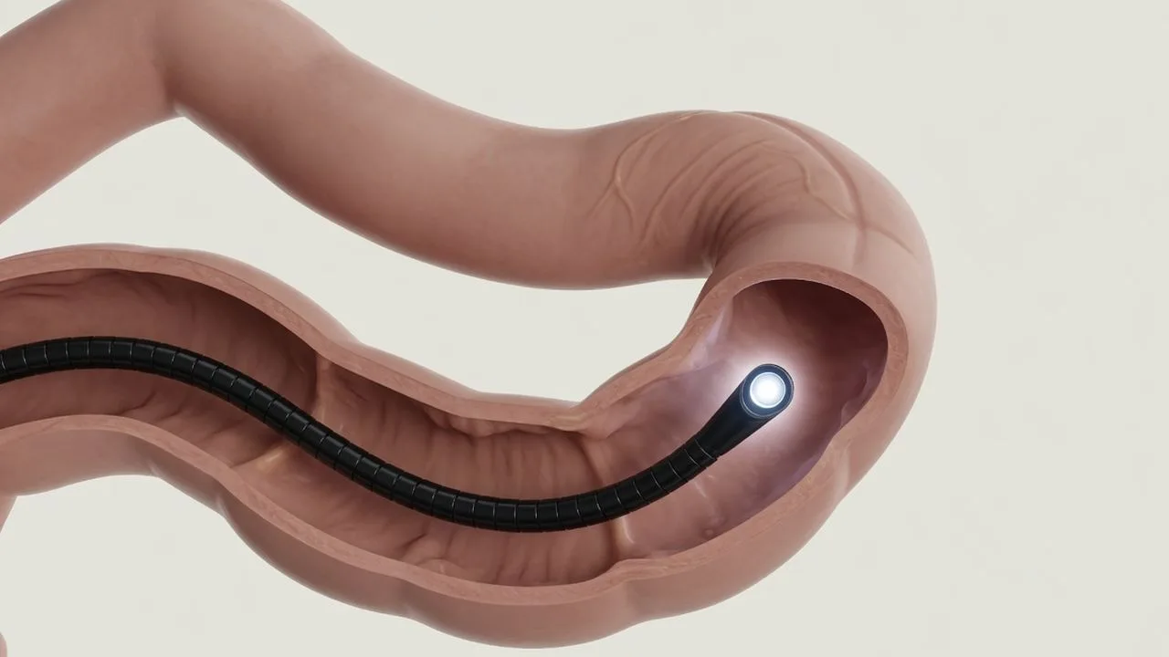 A pouched large-bowel outline with a thinner camera tube following the inner path to a round tip.