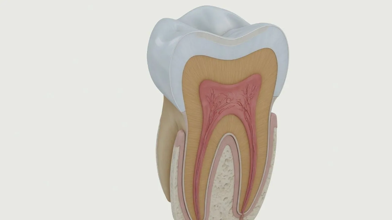 A stylised tooth cross-section with enamel, dentine and a central pulp chamber, and a thin plate on the front enamel only.