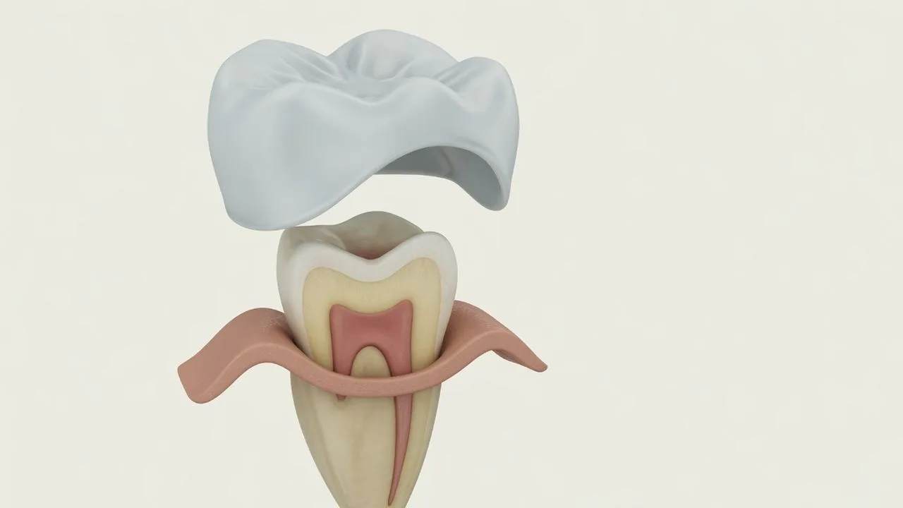 A stylised tooth reduced on every outer wall, sitting as a shorter stump inside a full cap, with the pulp still in the centre.