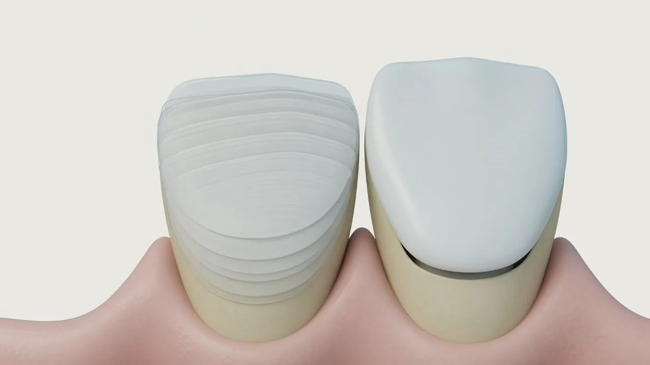 A stylised chairside stack of thin coats on one tooth beside a single pre-shaped porcelain shell on a second tooth.