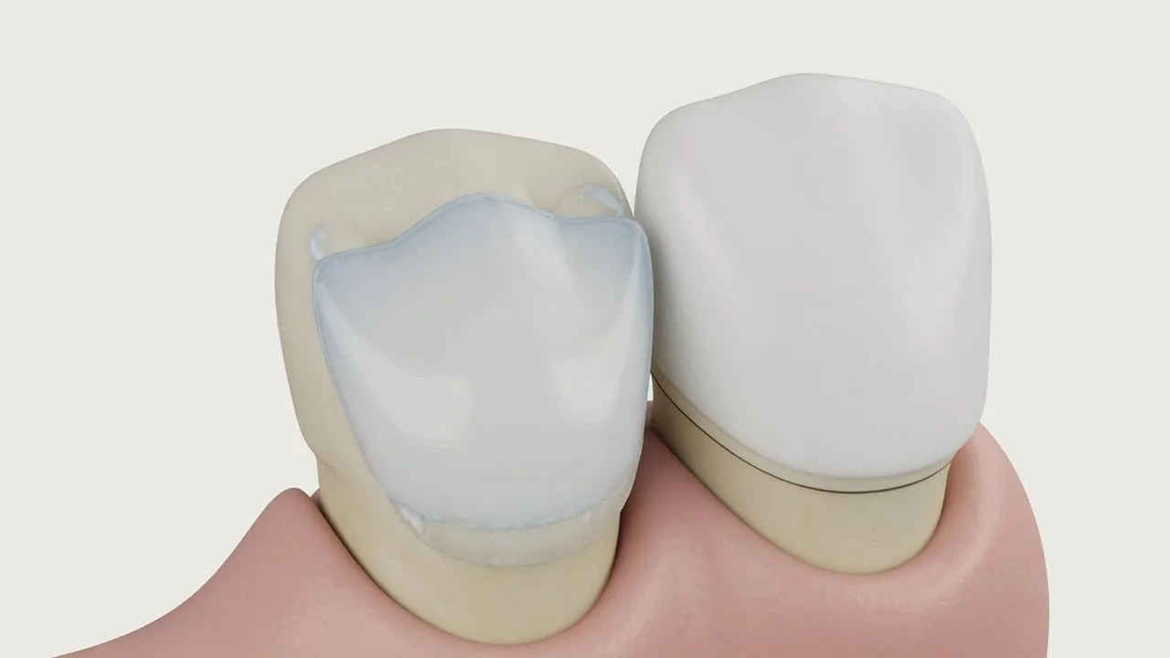 Two stylised teeth filling the frame, the left with a thin front shell and the right fully hooded by a cap.