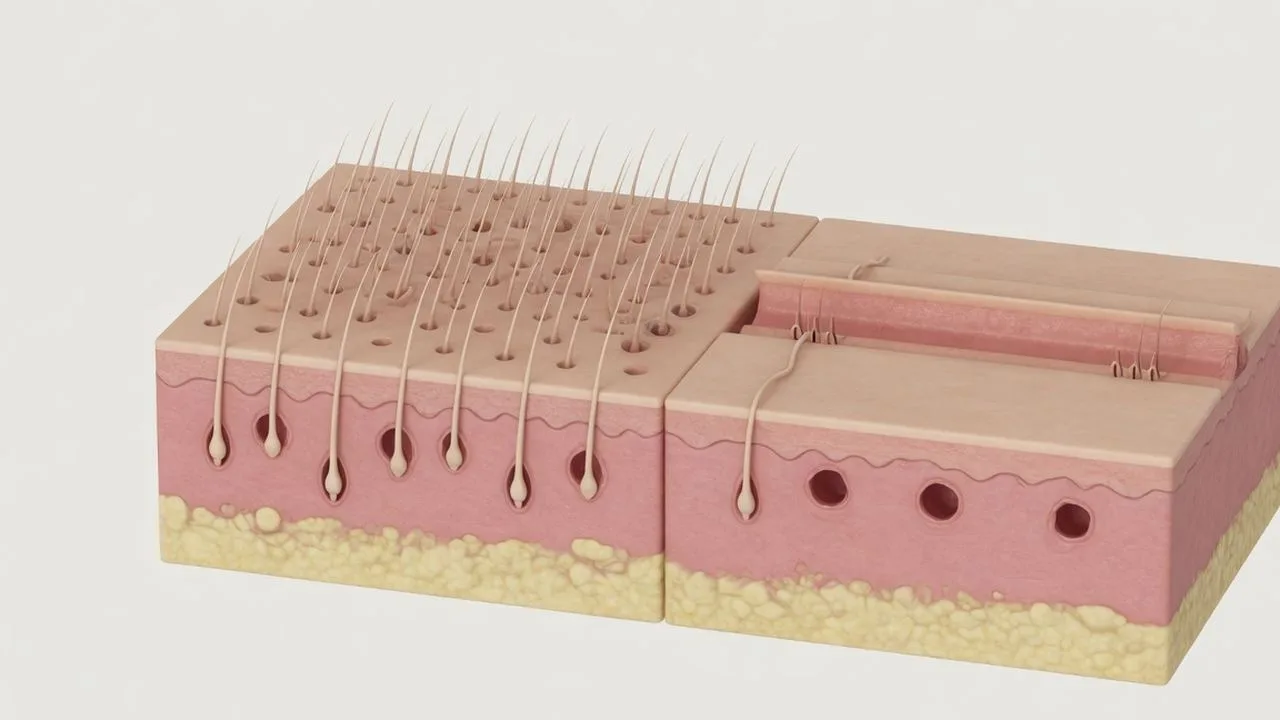 Scalp block with many small follicle canals on the left and a long strip trough on the right.