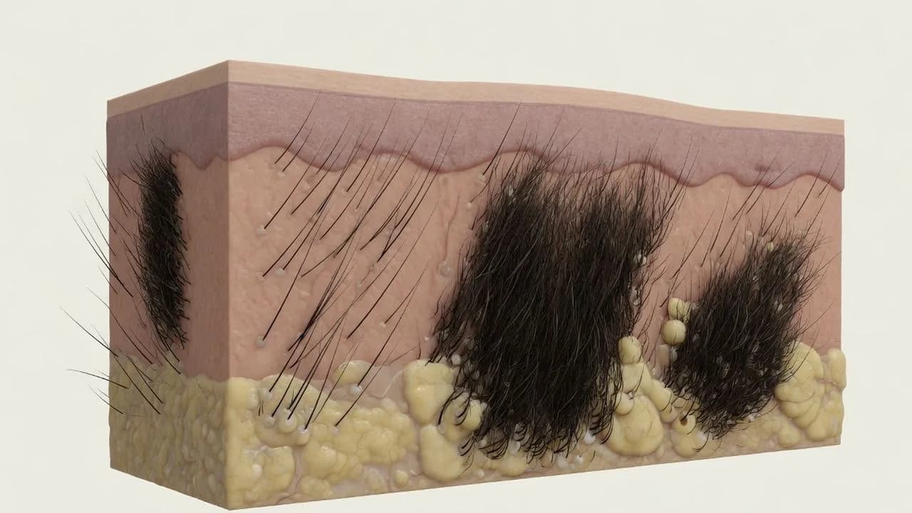 One block of skin with coarse hair in denser patches and thinner hair between them.