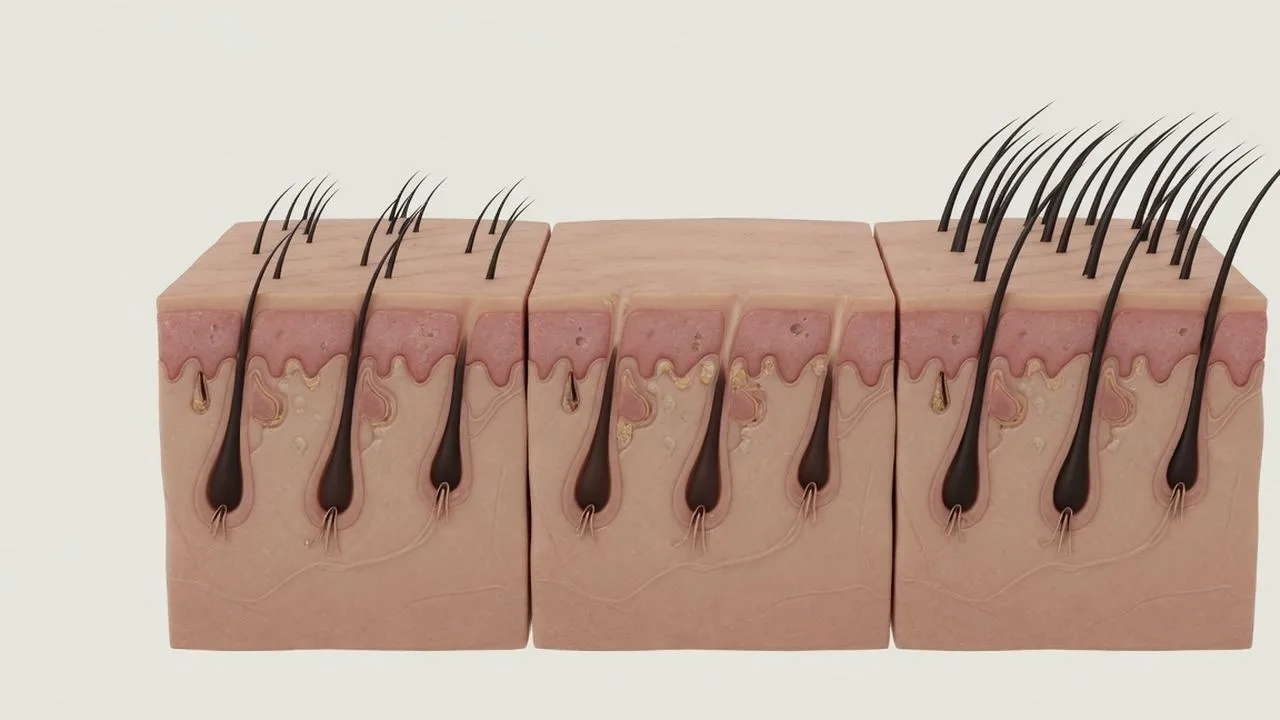 Three joined skin blocks: short hairs, empty follicle canals, then denser longer shafts.
