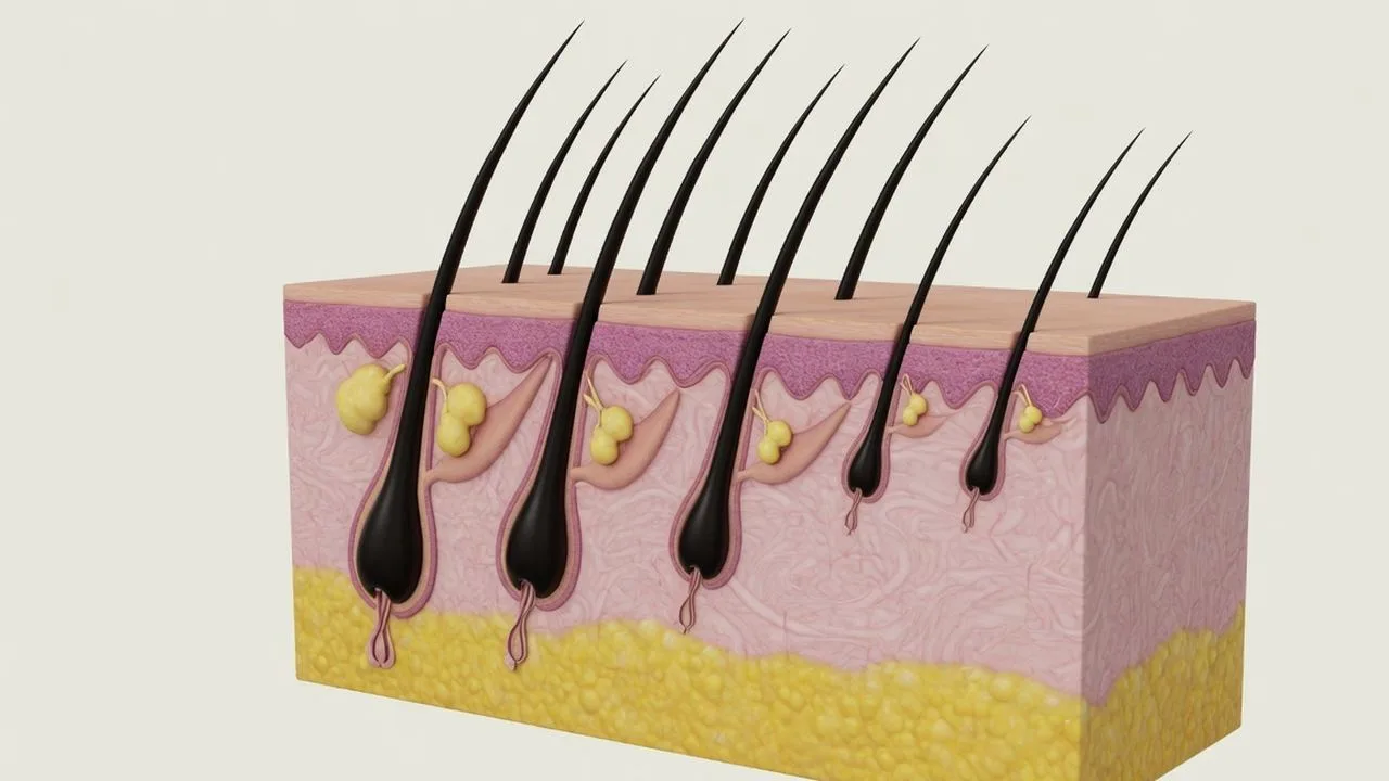 Cross-section of scalp skin with complete hair follicles, thicker on the left, rooted into the fat beneath.