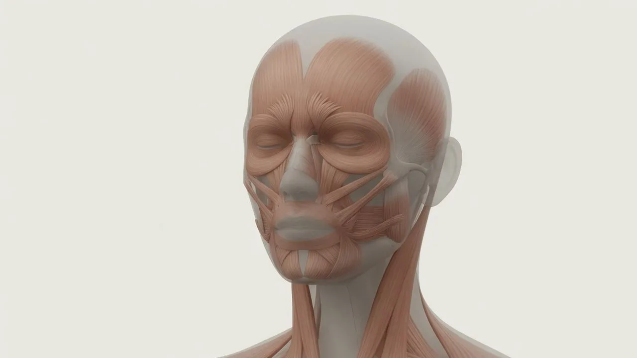 A complete face and upper neck with four attached muscle sheets at the frown, forehead, outer eye and neck.