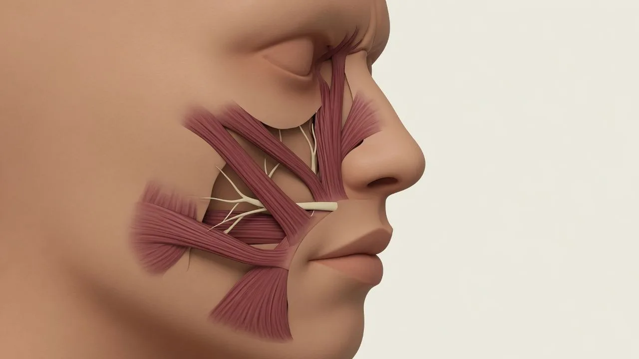 A lower face with a slack frown muscle still attached, and a short nerve ending meeting that muscle.