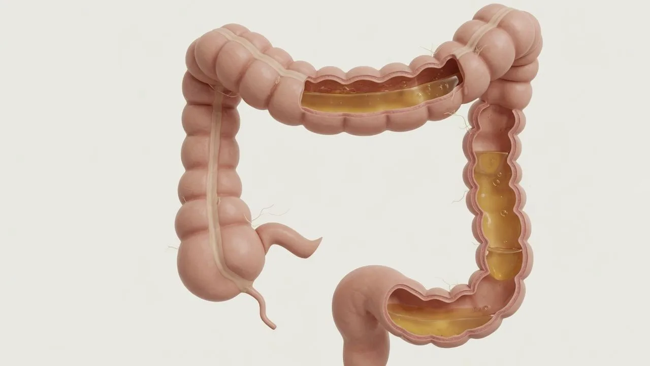 The same stylised colon after a second litre, with an open liquid-filled lumen from the caecum through to the rectum.