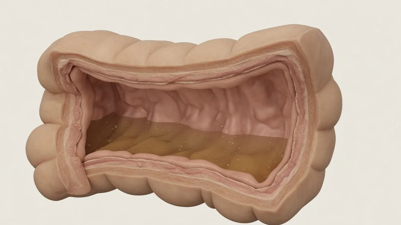 Cutaway of a stylised colon wall holding fluid in the lumen so contents stay liquid instead of being drawn through the wall.